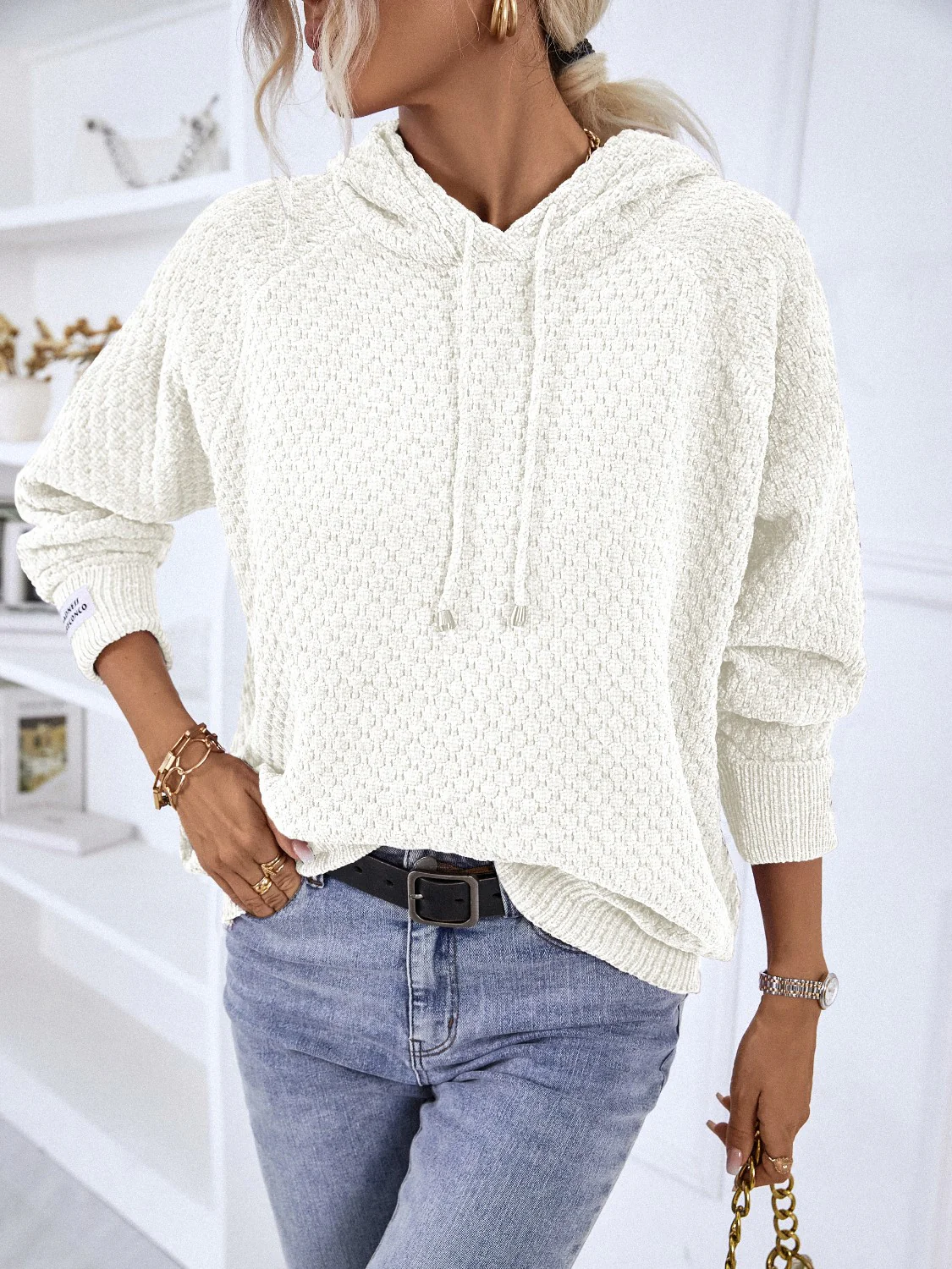 Texture Drawstring Long Sleeve Hooded Sweater - Image 13