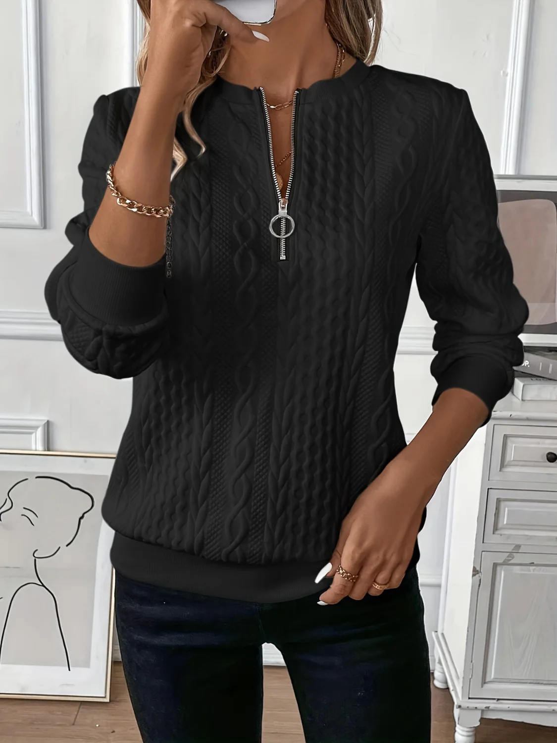 Texture Half Zip Long Sleeve Sweatshirt - Image 11