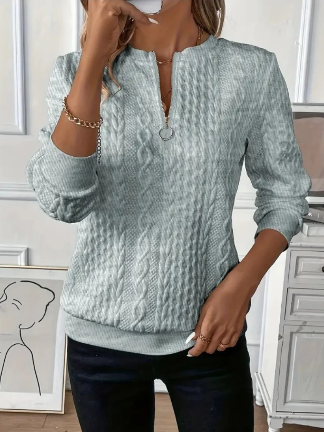 Texture Half Zip Long Sleeve Sweatshirt - Image 7