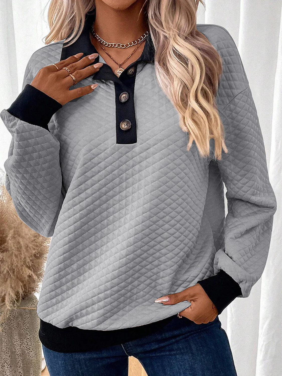 Texture Quarter Button Long Sleeve Sweatshirt - Image 2