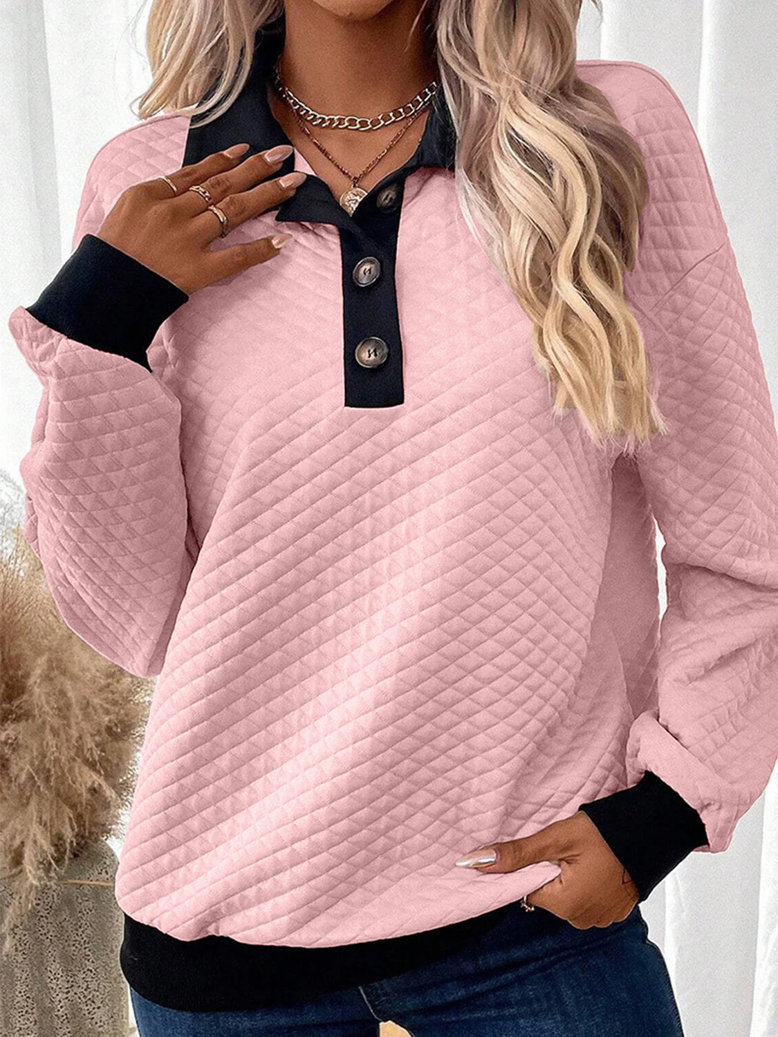 Texture Quarter Button Long Sleeve Sweatshirt - Image 7