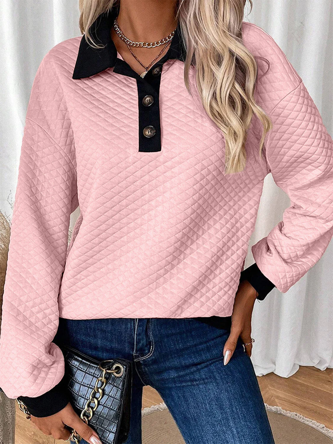 Texture Quarter Button Long Sleeve Sweatshirt - Image 8