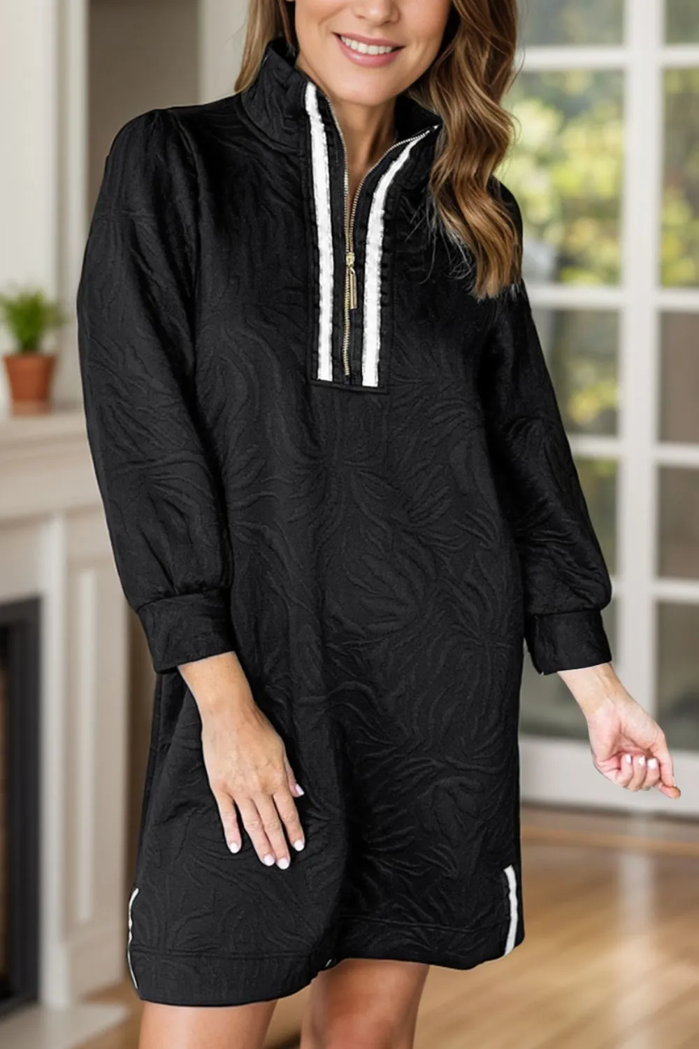 Texture Quarter Zip Long Sleeve Mini Dress - Image 5