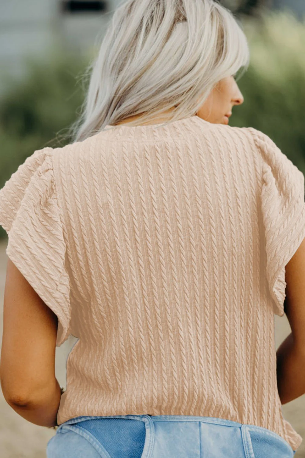 Texture Round Neck Cap Sleeve Top - Image 3