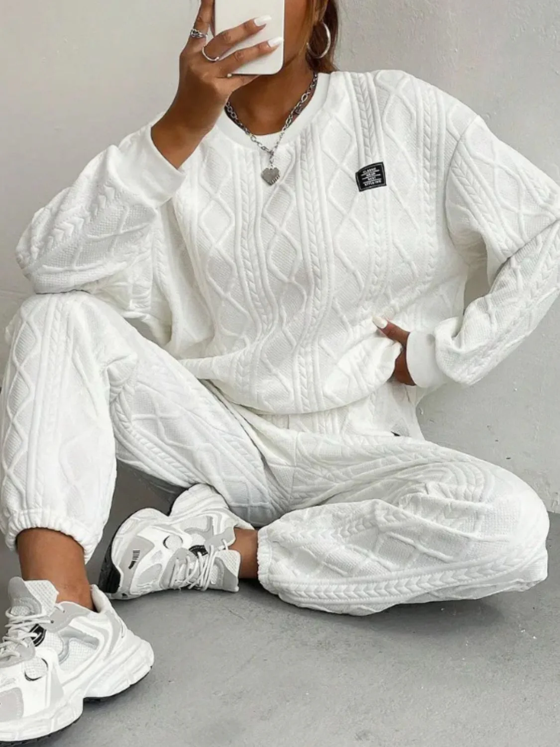 Texture Round Neck Long Sleeve Top and Pants Set - Image 10