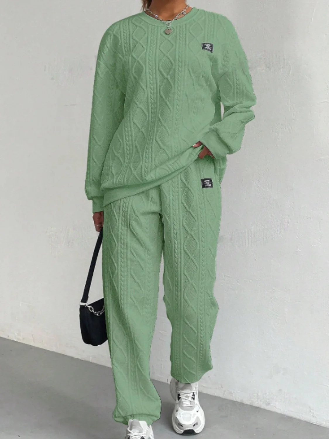 Texture Round Neck Long Sleeve Top and Pants Set - Image 4