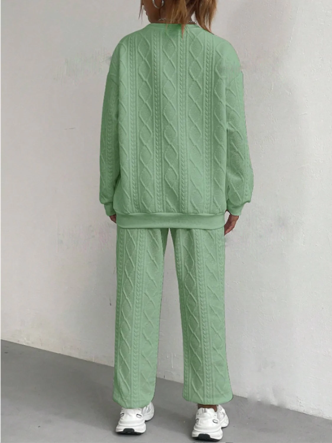 Texture Round Neck Long Sleeve Top and Pants Set - Image 6