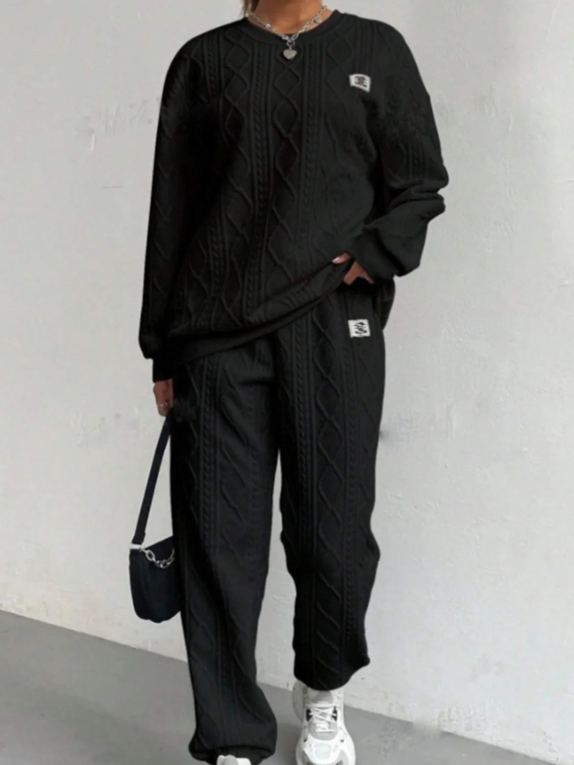 Texture Round Neck Long Sleeve Top and Pants Set - Image 7