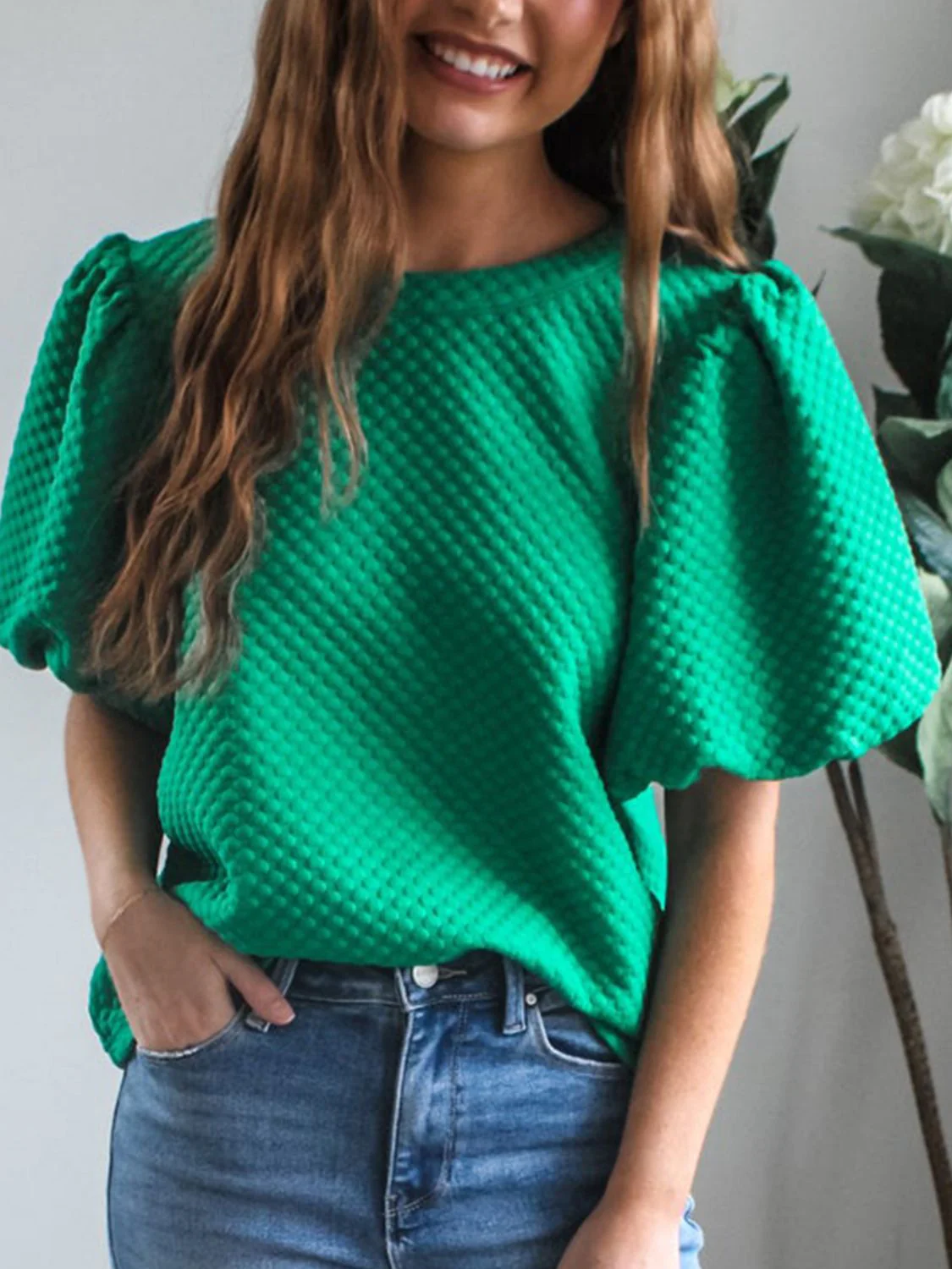 Texture Round Neck Puff Sleeve Blouse - Image 2