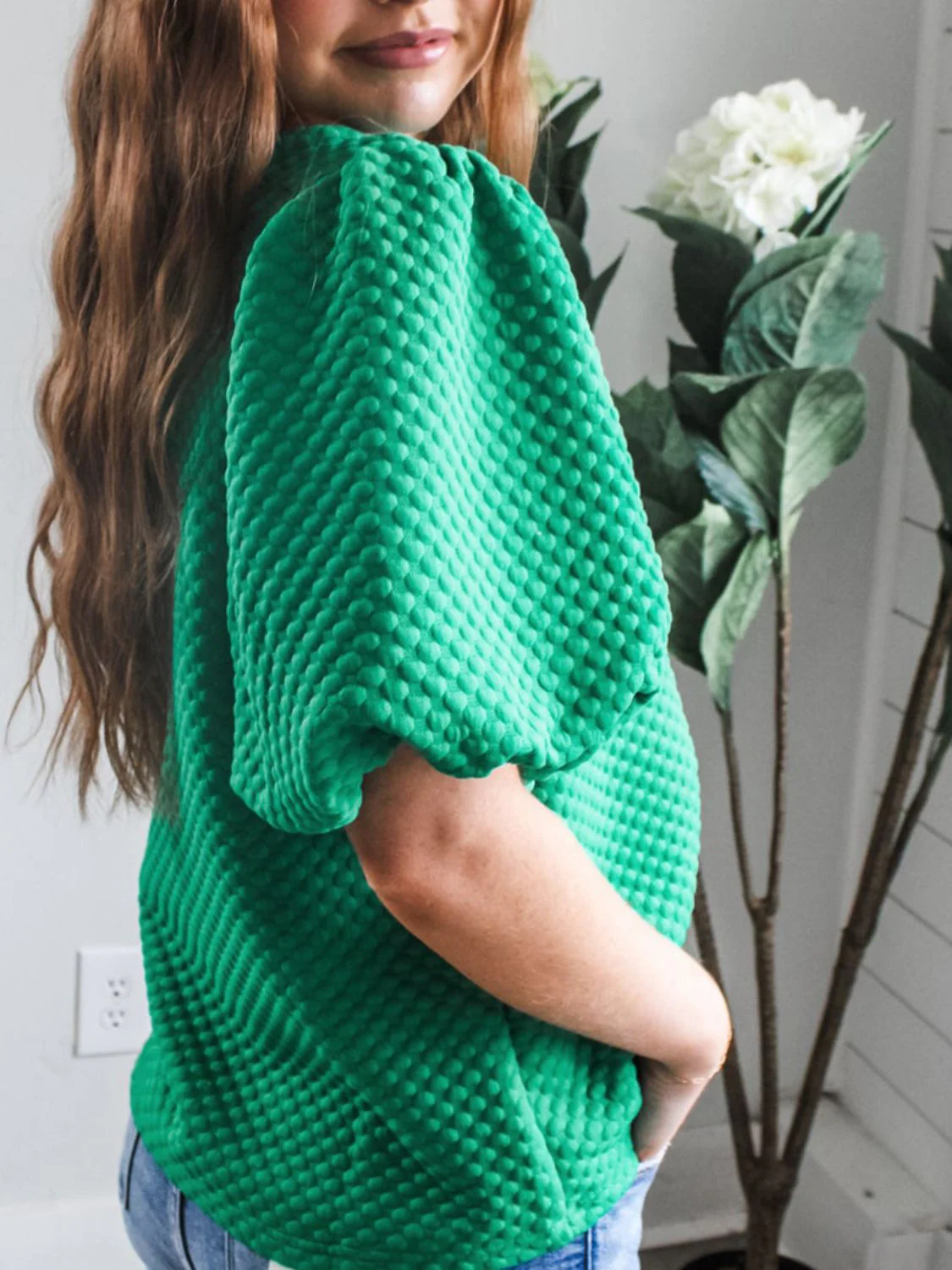 Texture Round Neck Puff Sleeve Blouse - Image 3