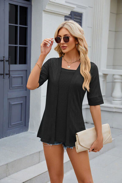 Texture Square Neck Short Sleeve Blouse - Image 10