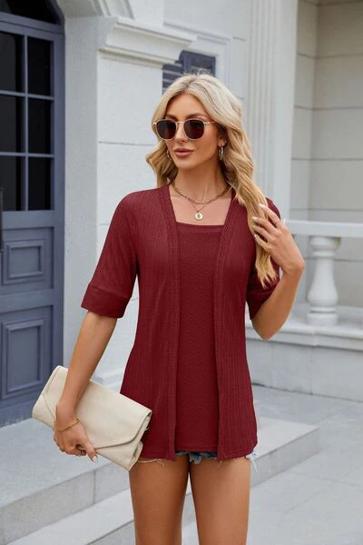 Texture Square Neck Short Sleeve Blouse - Image 6