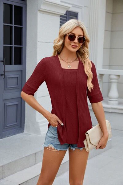 Texture Square Neck Short Sleeve Blouse - Image 7