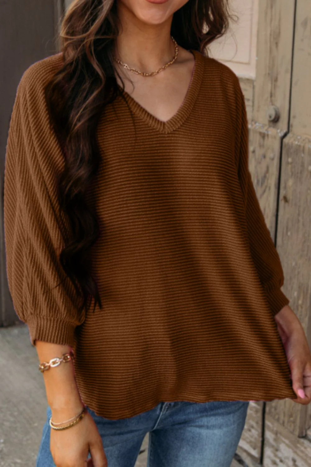 Texture V-Neck Long Sleeve Top - Image 10