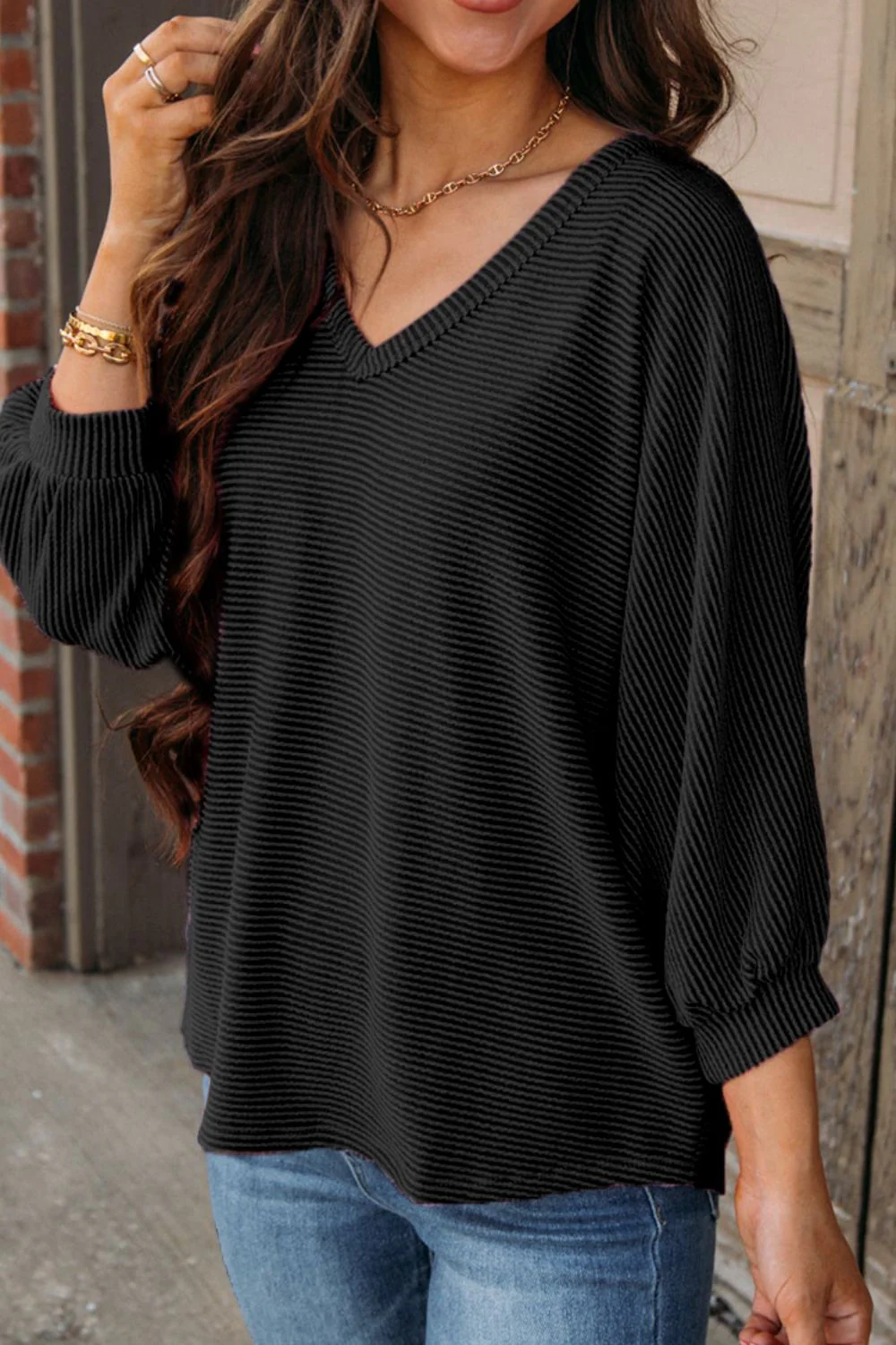 Texture V-Neck Long Sleeve Top - Image 13