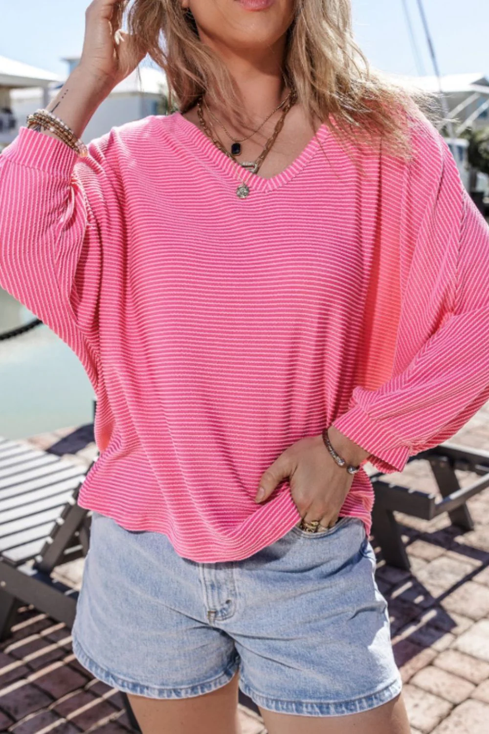 Texture V-Neck Long Sleeve Top - Image 4