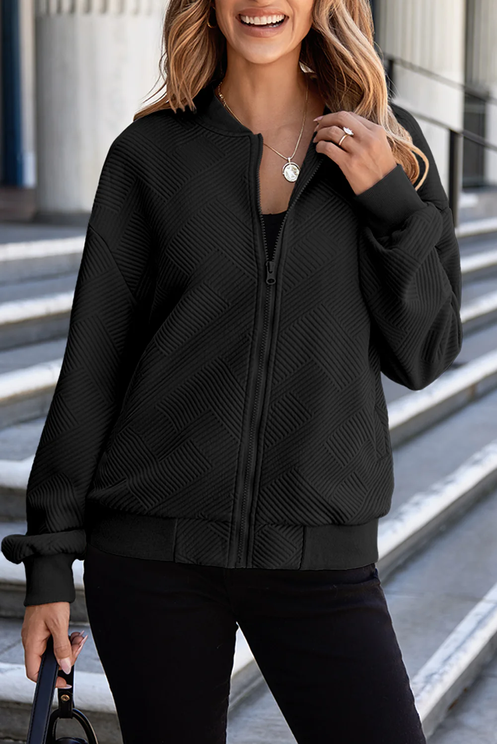 Texture Zip Up Baseball Collar Long Sleeve Jacket - Image 6