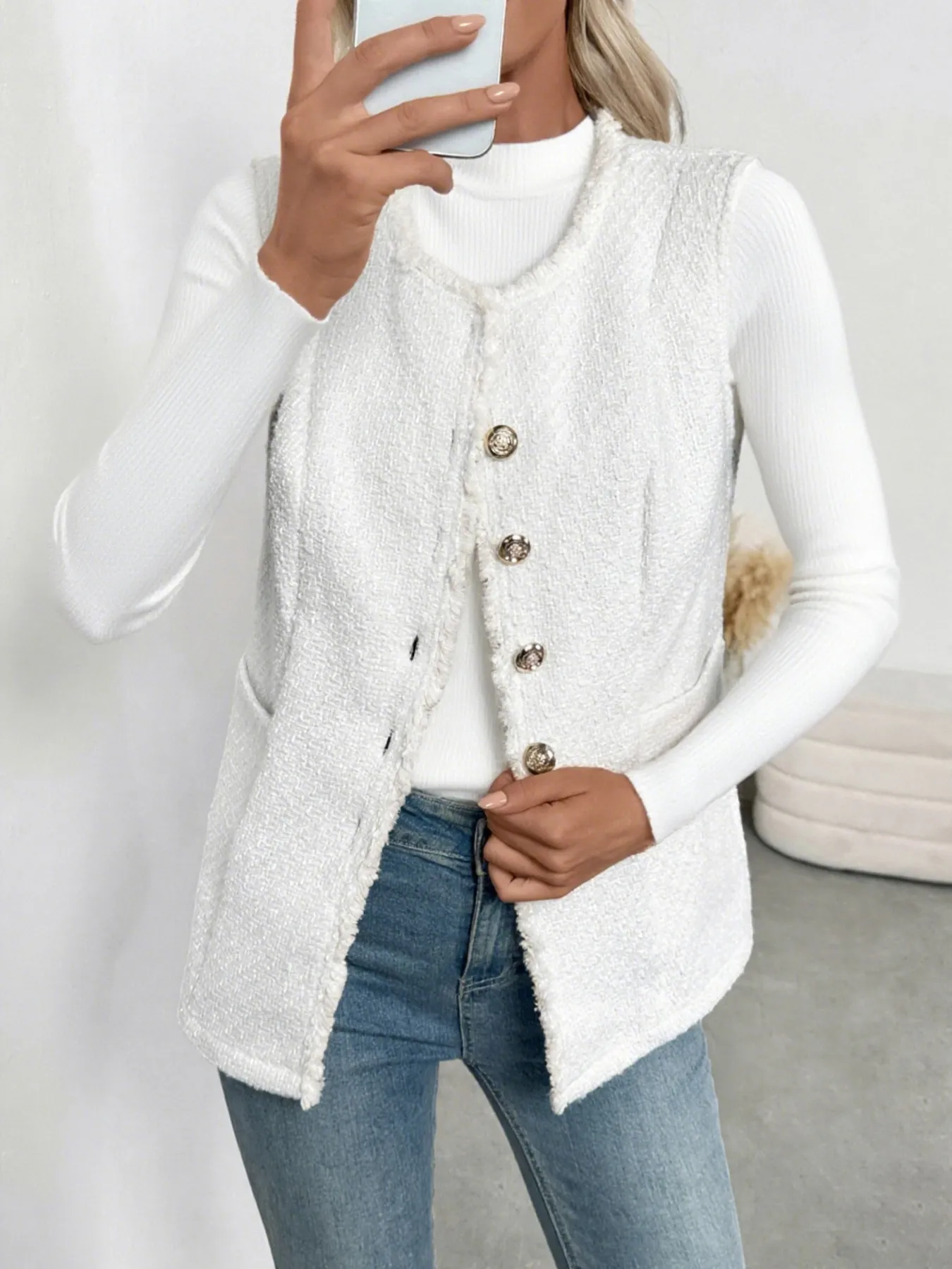 Textured Button-Front Vest with Raw Edge