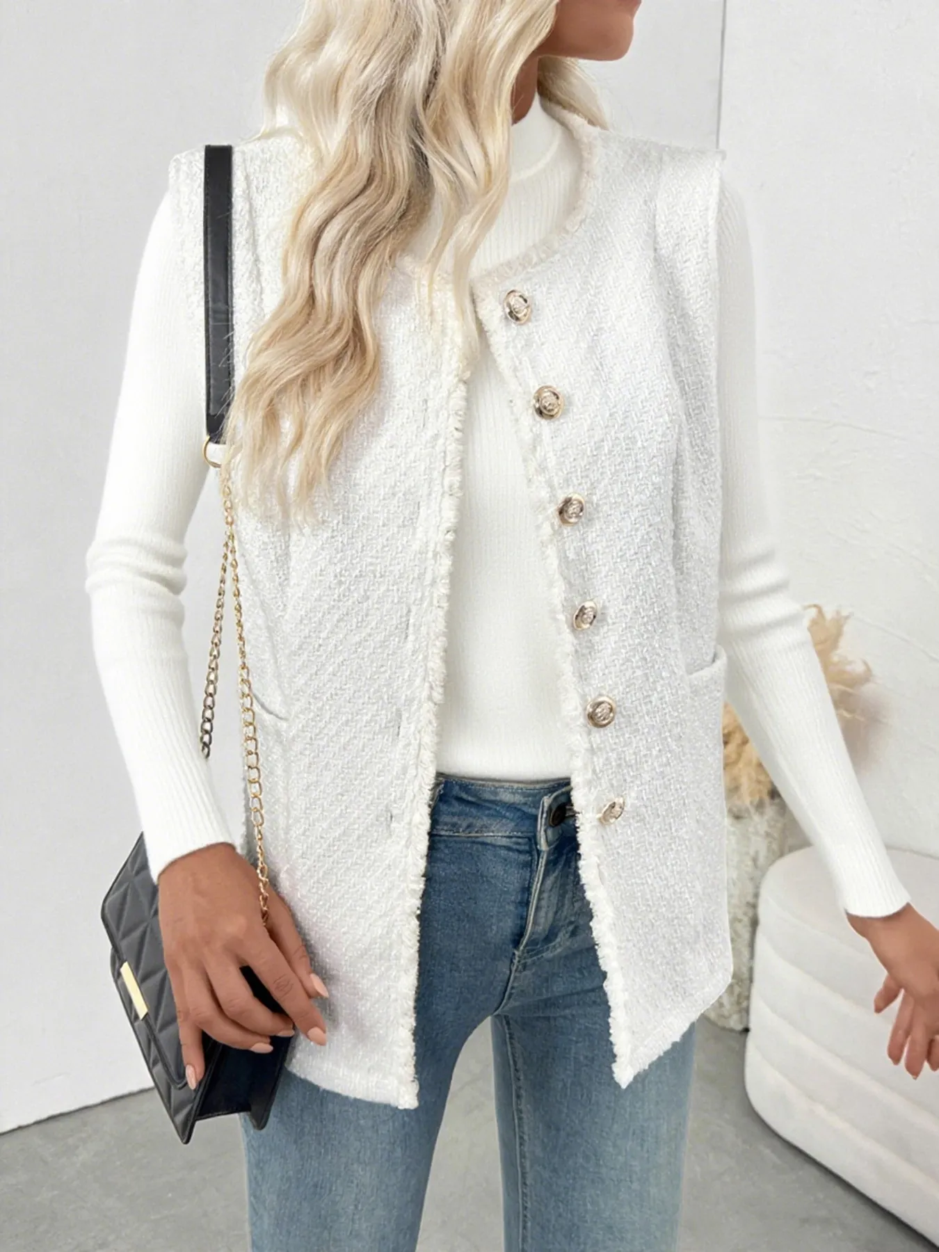 Textured Button-Front Vest with Raw Edge - Image 2