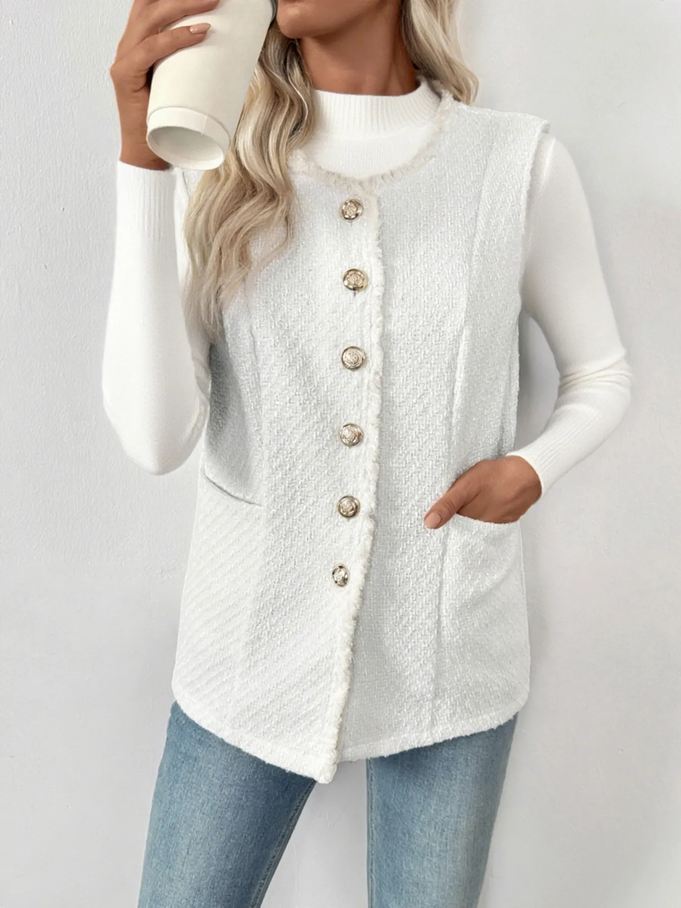 Textured Button-Front Vest with Raw Edge - Image 3