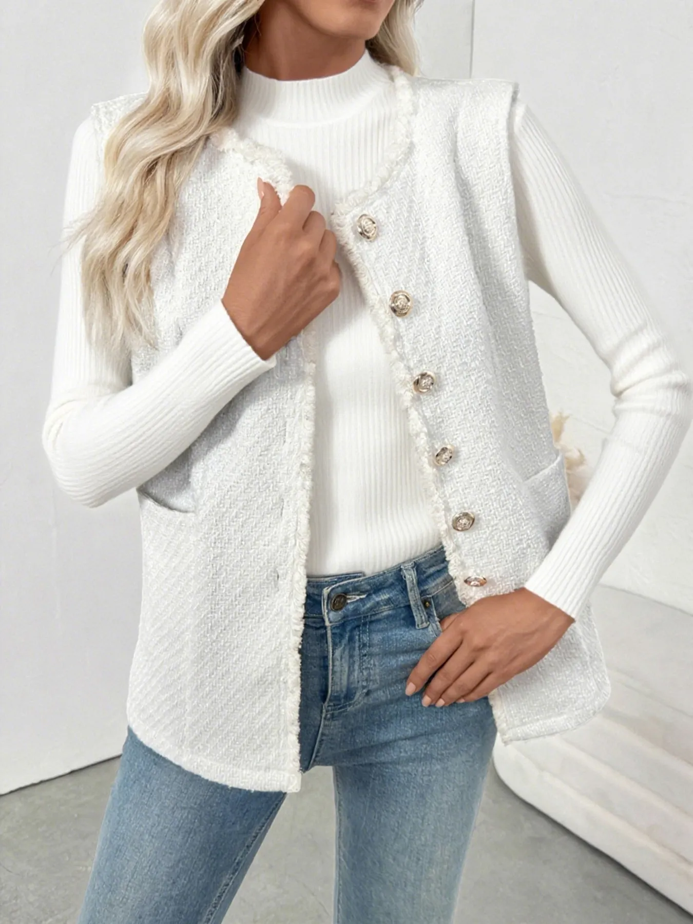 Textured Button-Front Vest with Raw Edge - Image 4