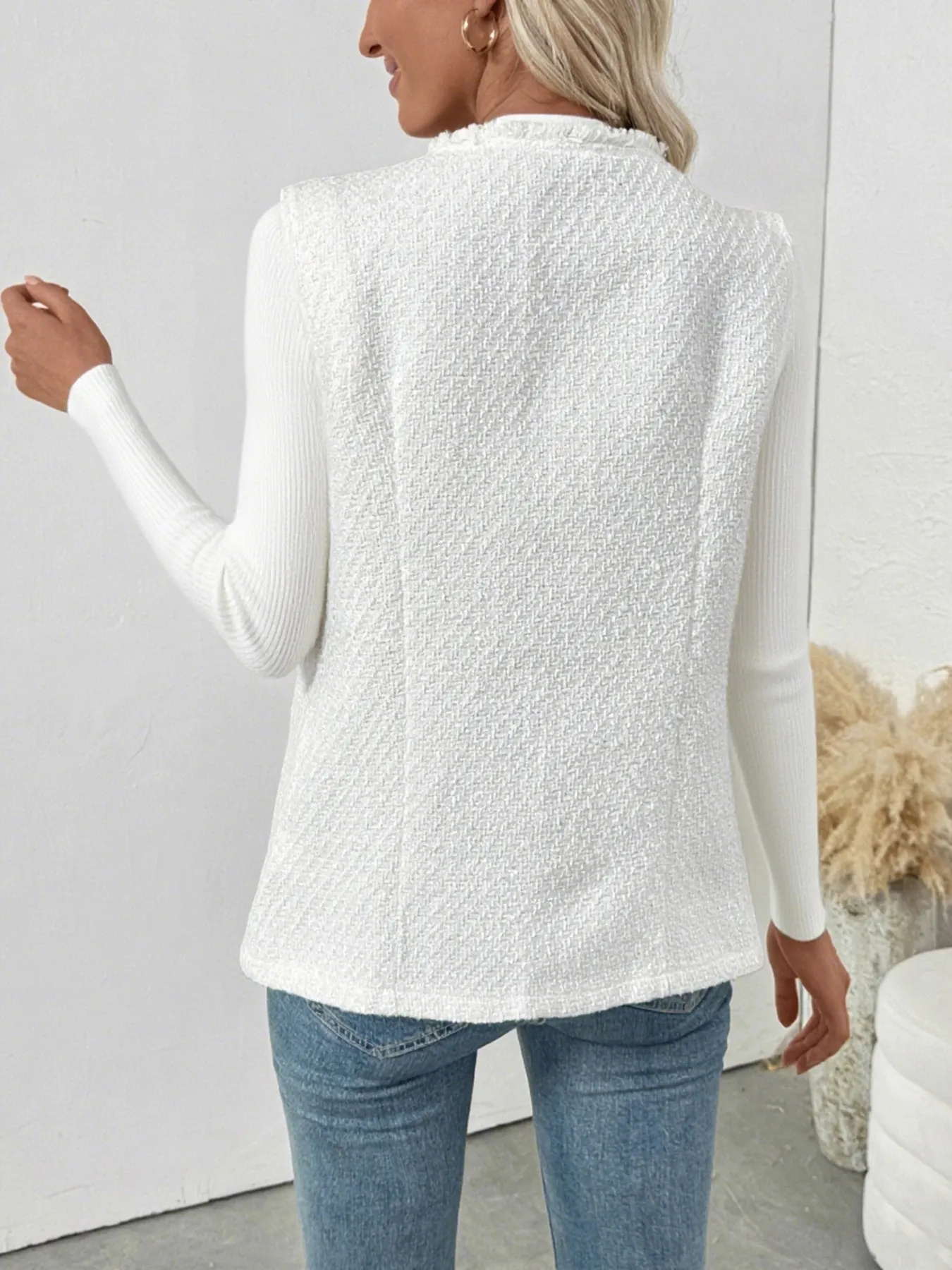 Textured Button-Front Vest with Raw Edge - Image 5