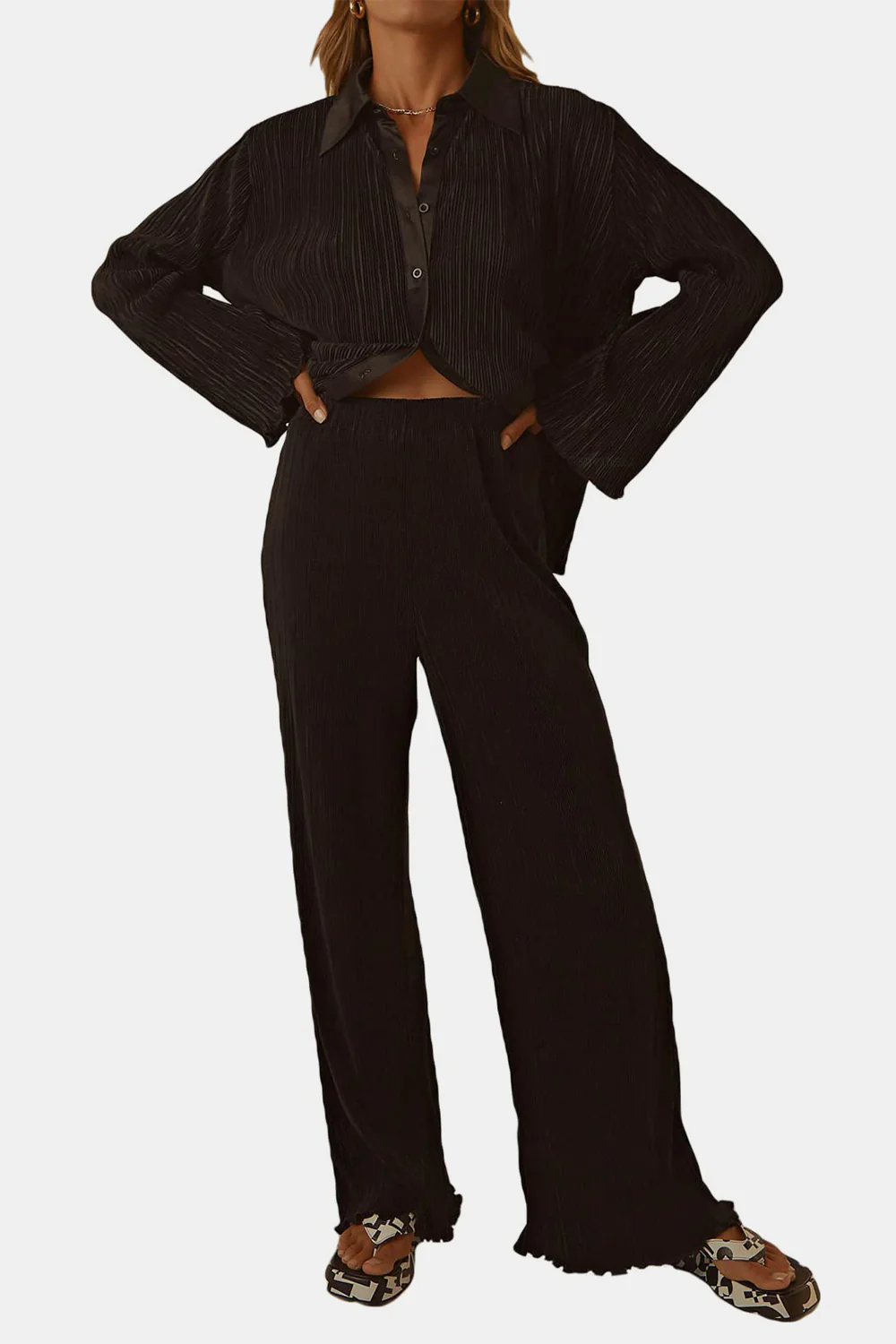 Textured Button Up Collared Neck Top and Pants Set - Image 3
