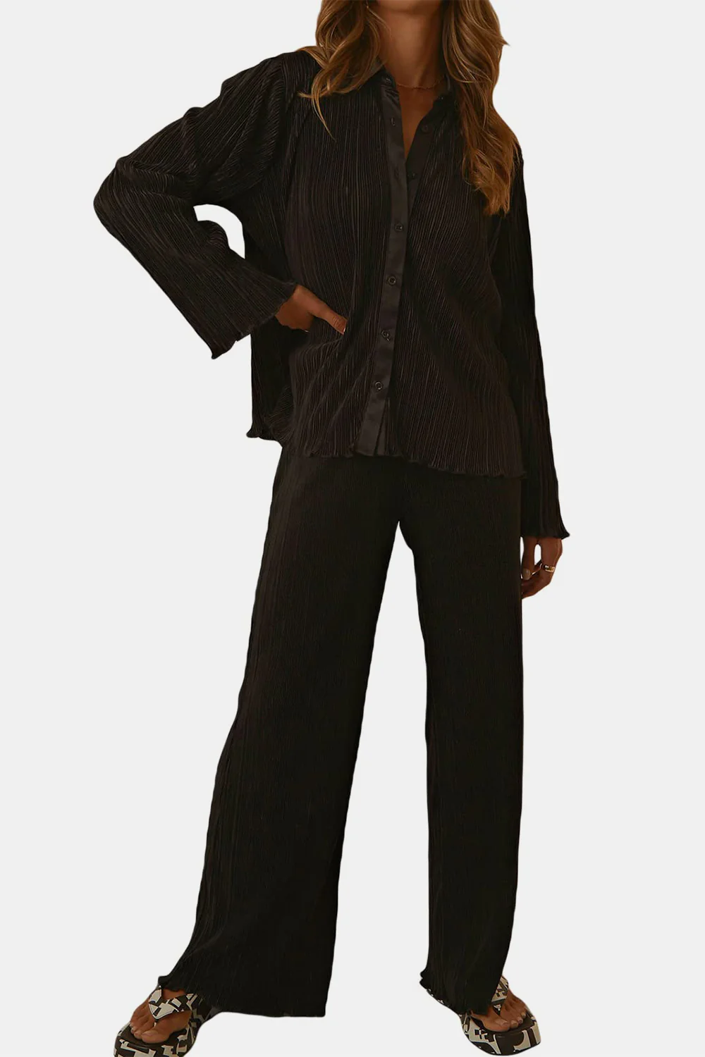 Textured Button Up Collared Neck Top and Pants Set - Image 4