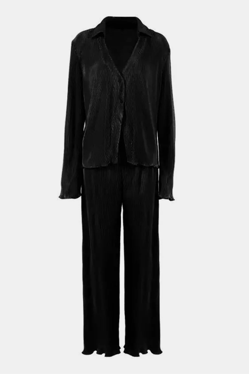 Textured Button Up Collared Neck Top and Pants Set - Image 8