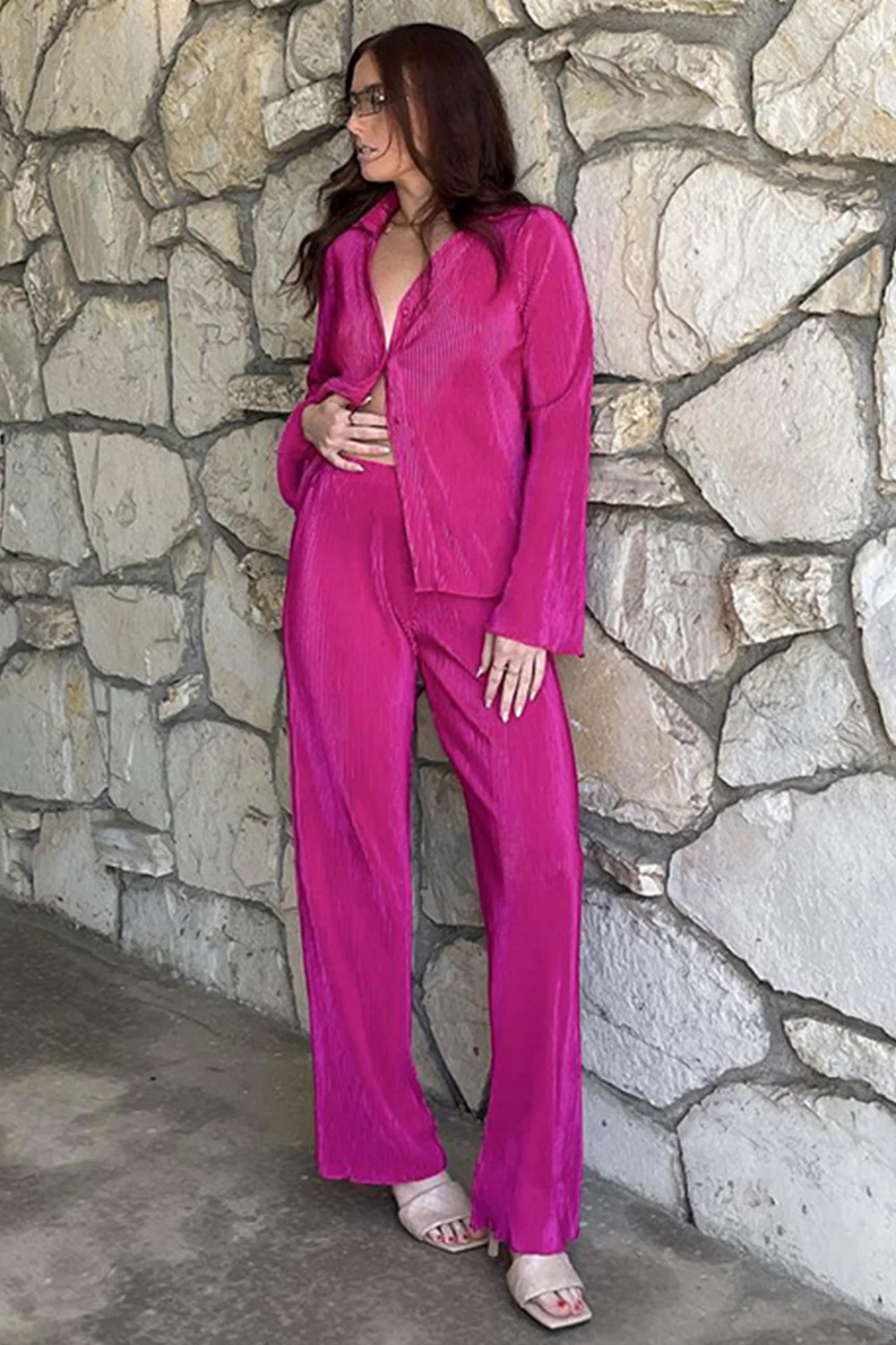 Textured Button Up Collared Neck Top and Pants Set - Image 9