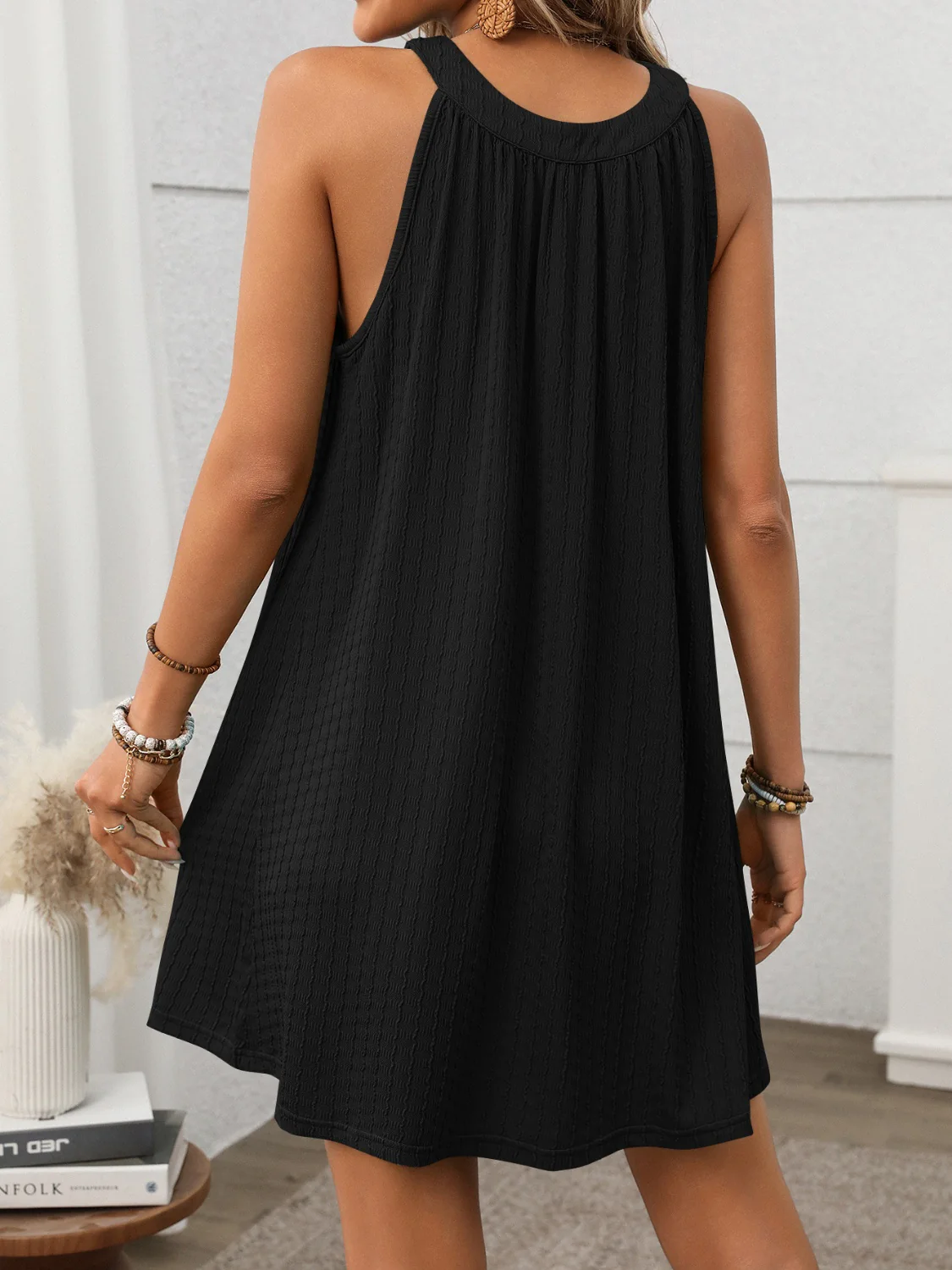 Textured Grecian Neck Mini Dress - Image 24