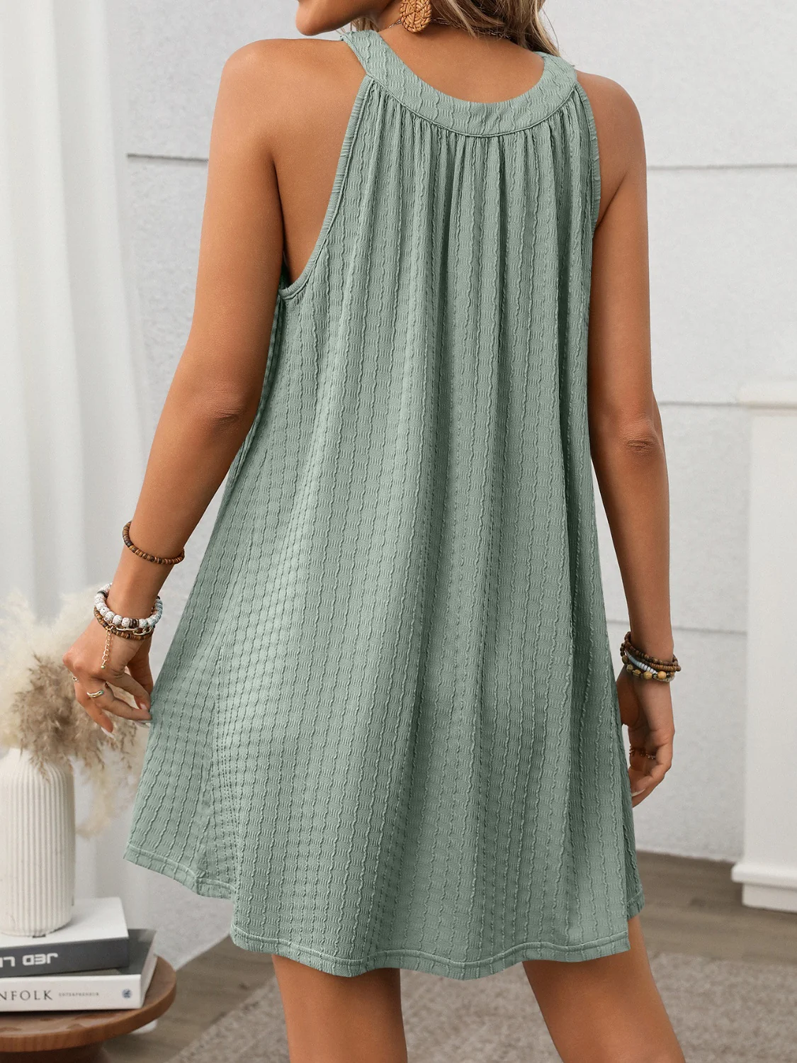 Textured Grecian Neck Mini Dress - Image 5