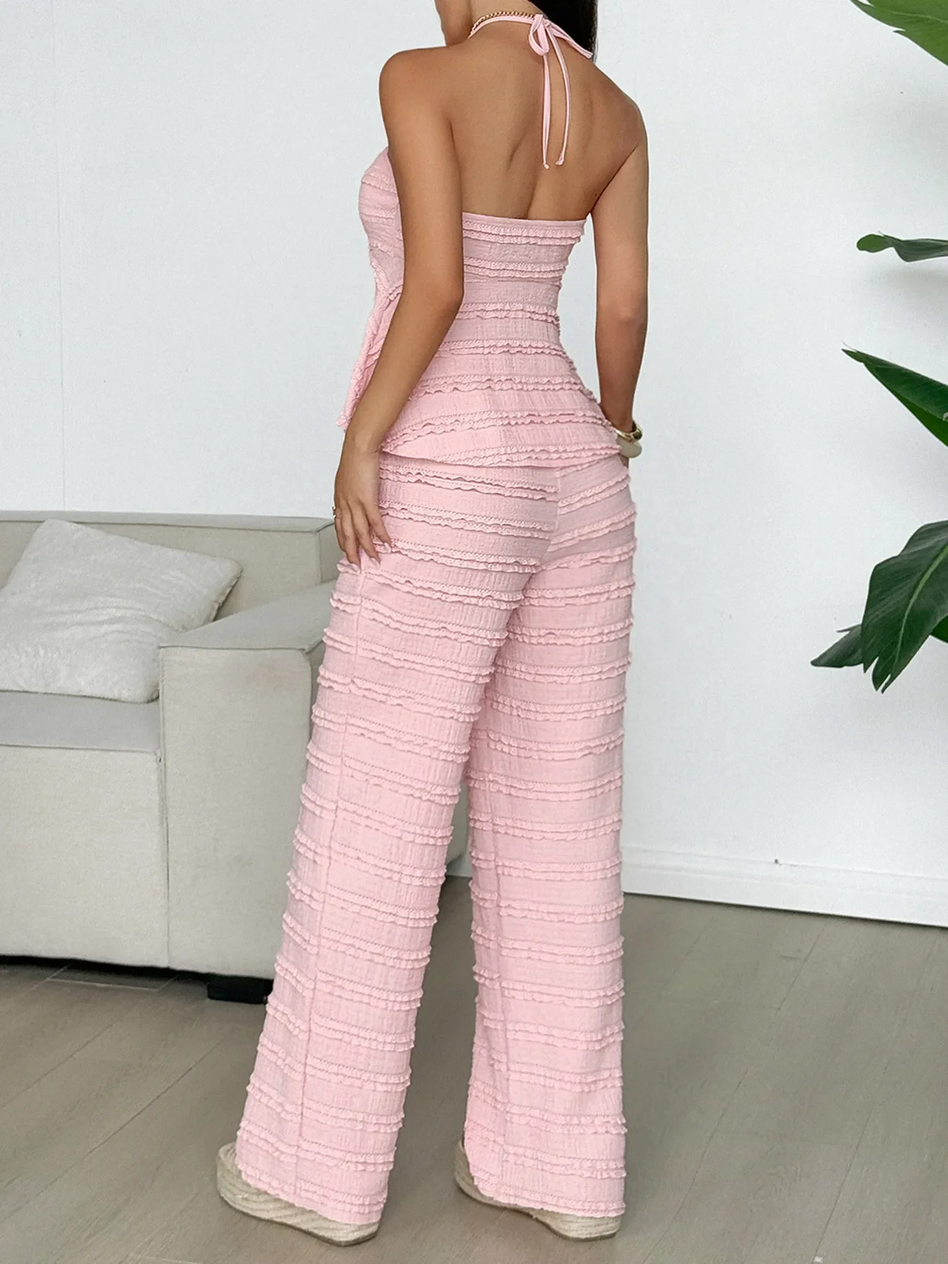 Textured Halter Neck Cami and Pants Two-Piece Set - Image 4
