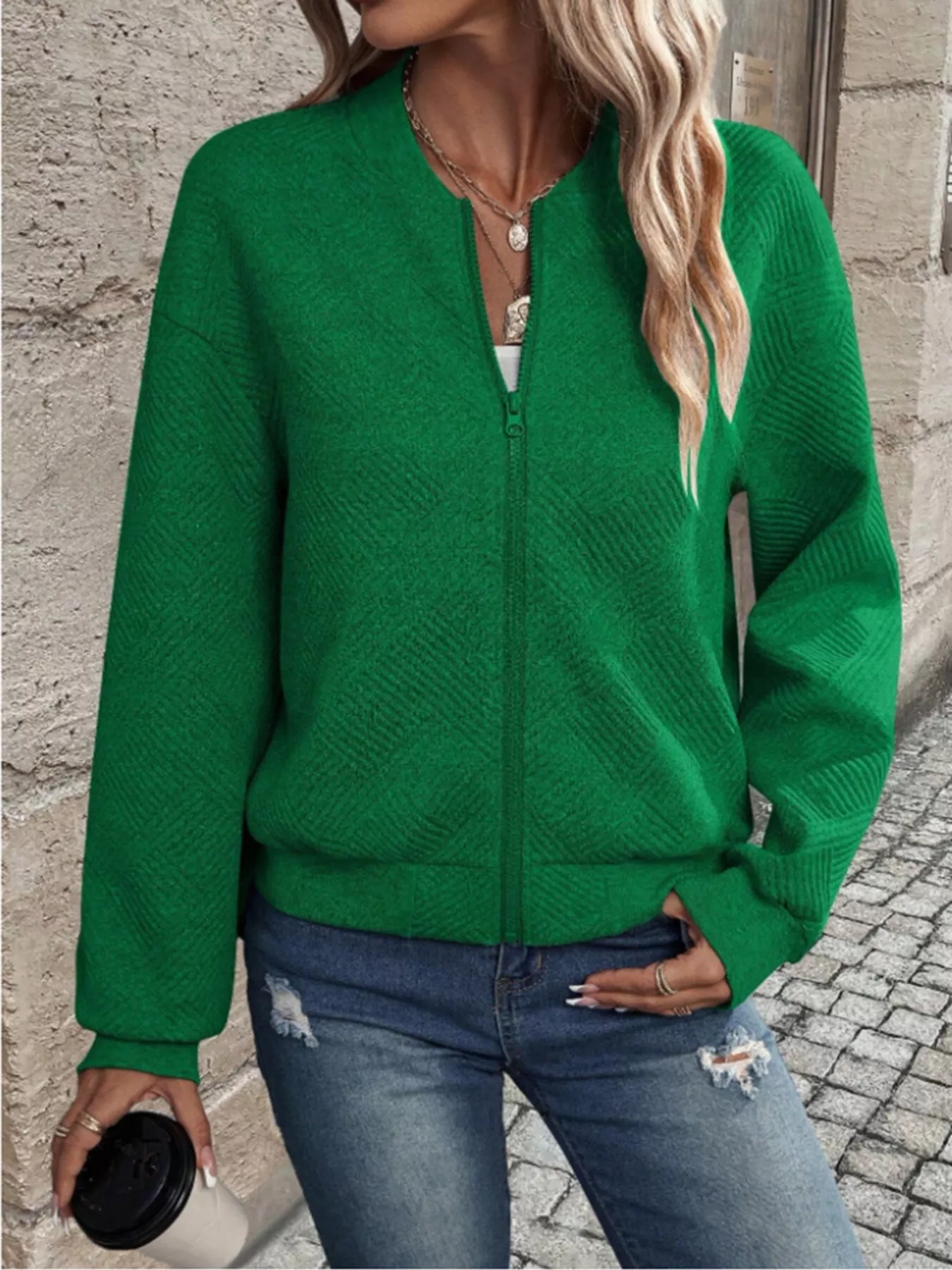 Textured Knit Zip-Up Bomber Jacket - Image 10