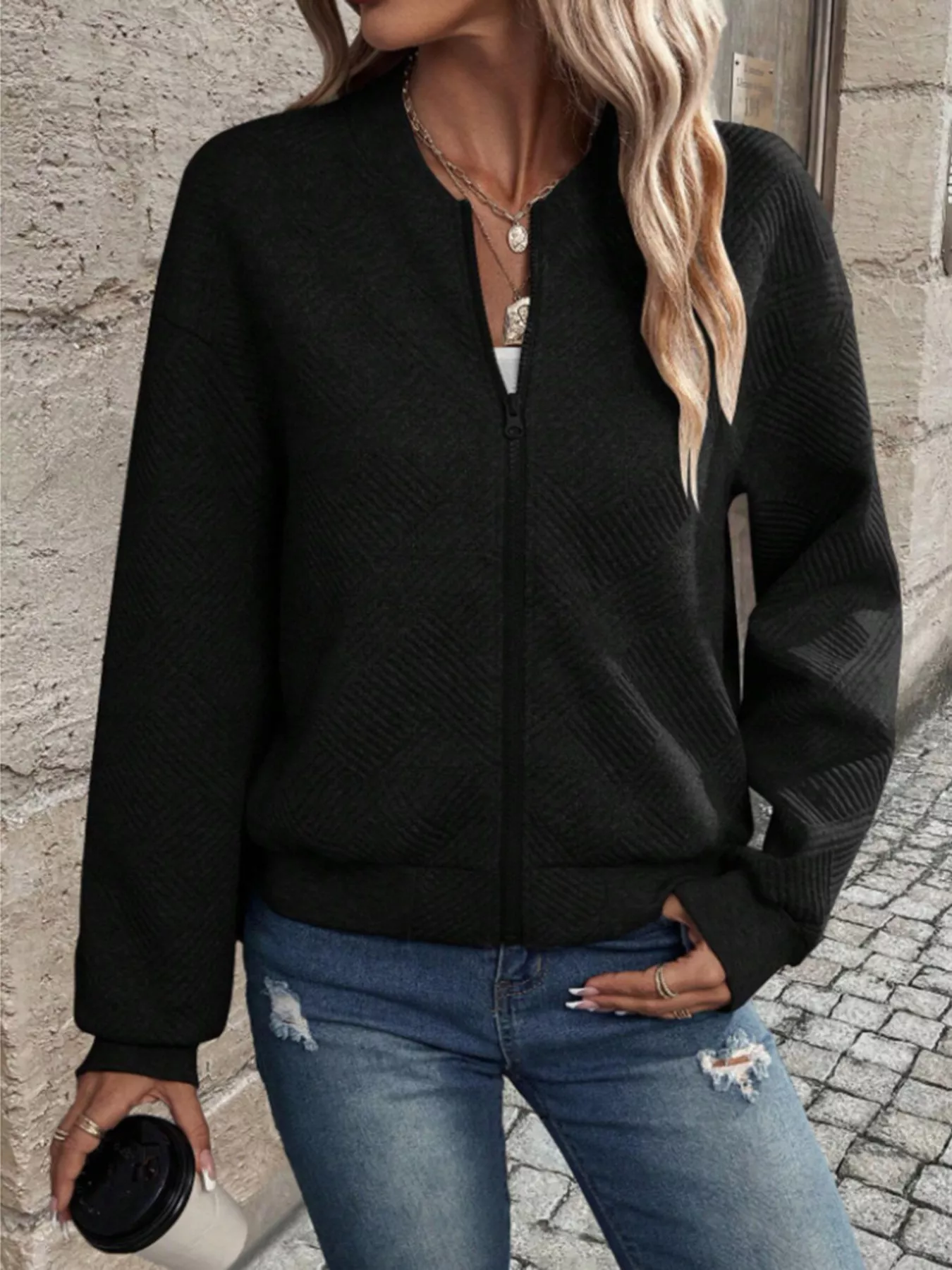 Textured Knit Zip-Up Bomber Jacket - Image 14