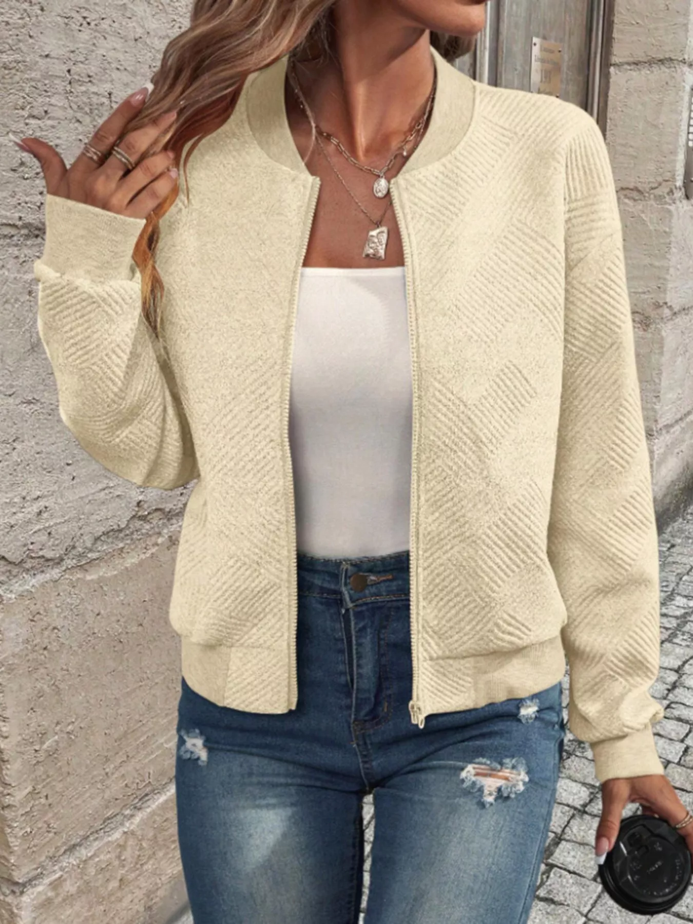 Textured Knit Zip-Up Bomber Jacket - Image 2