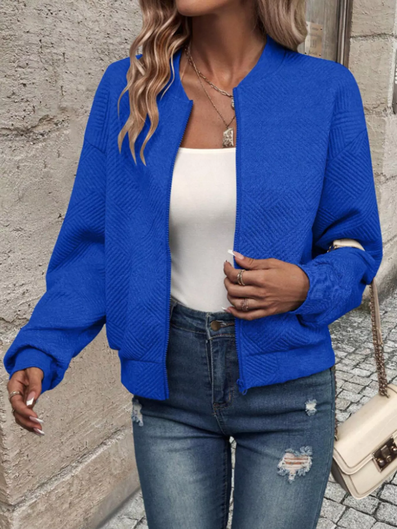 Textured Knit Zip-Up Bomber Jacket - Image 20