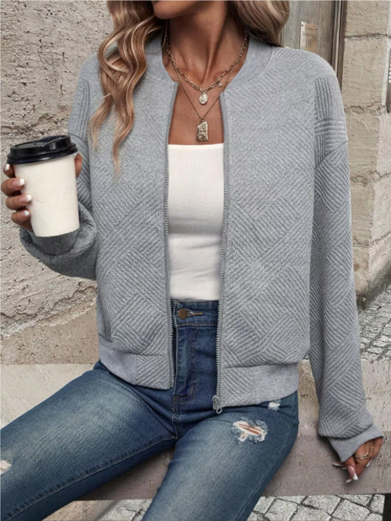 Textured Knit Zip-Up Bomber Jacket - Image 24