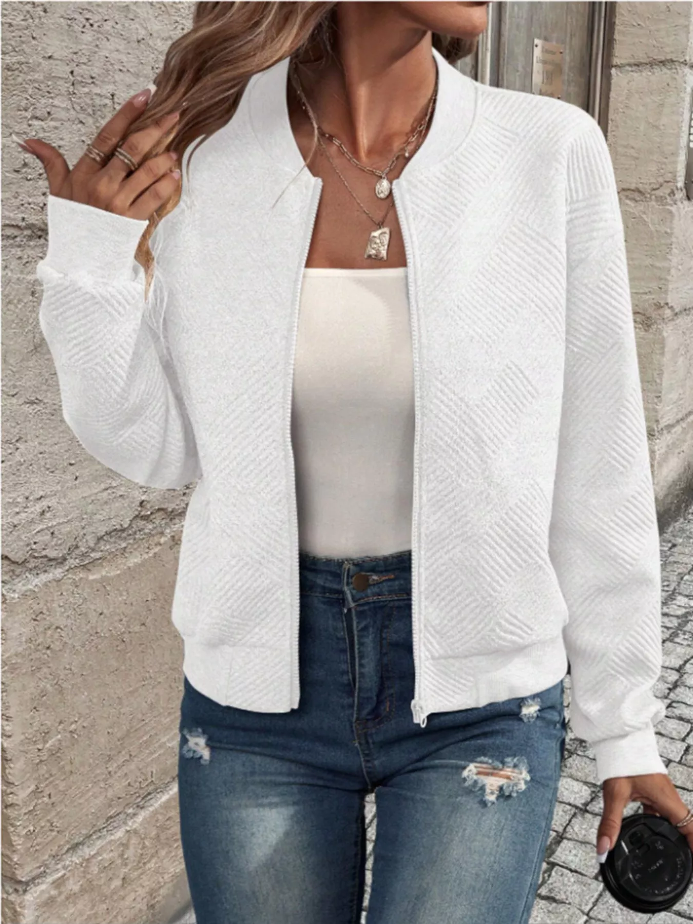 Textured Knit Zip-Up Bomber Jacket - Image 27