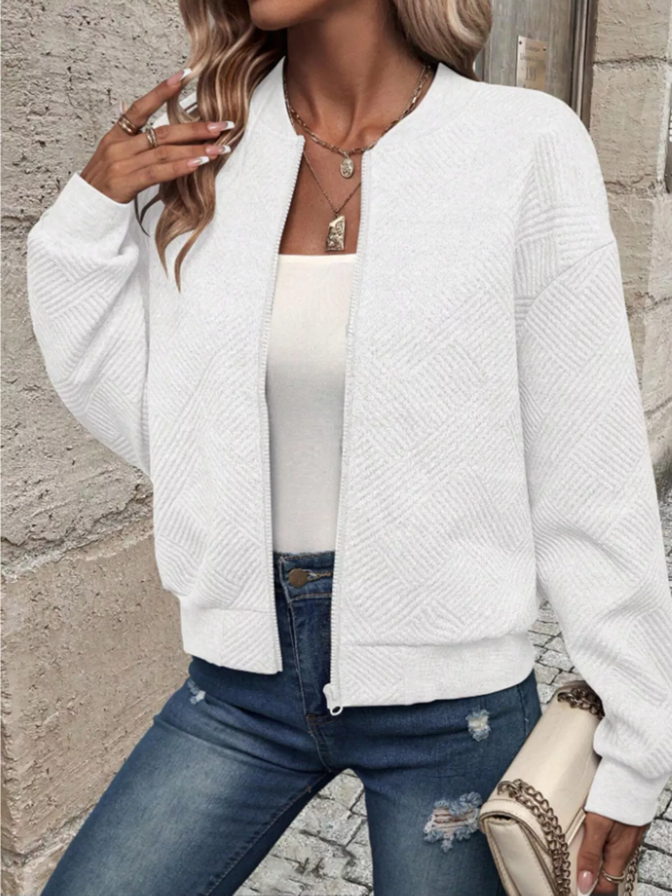 Textured Knit Zip-Up Bomber Jacket - Image 29