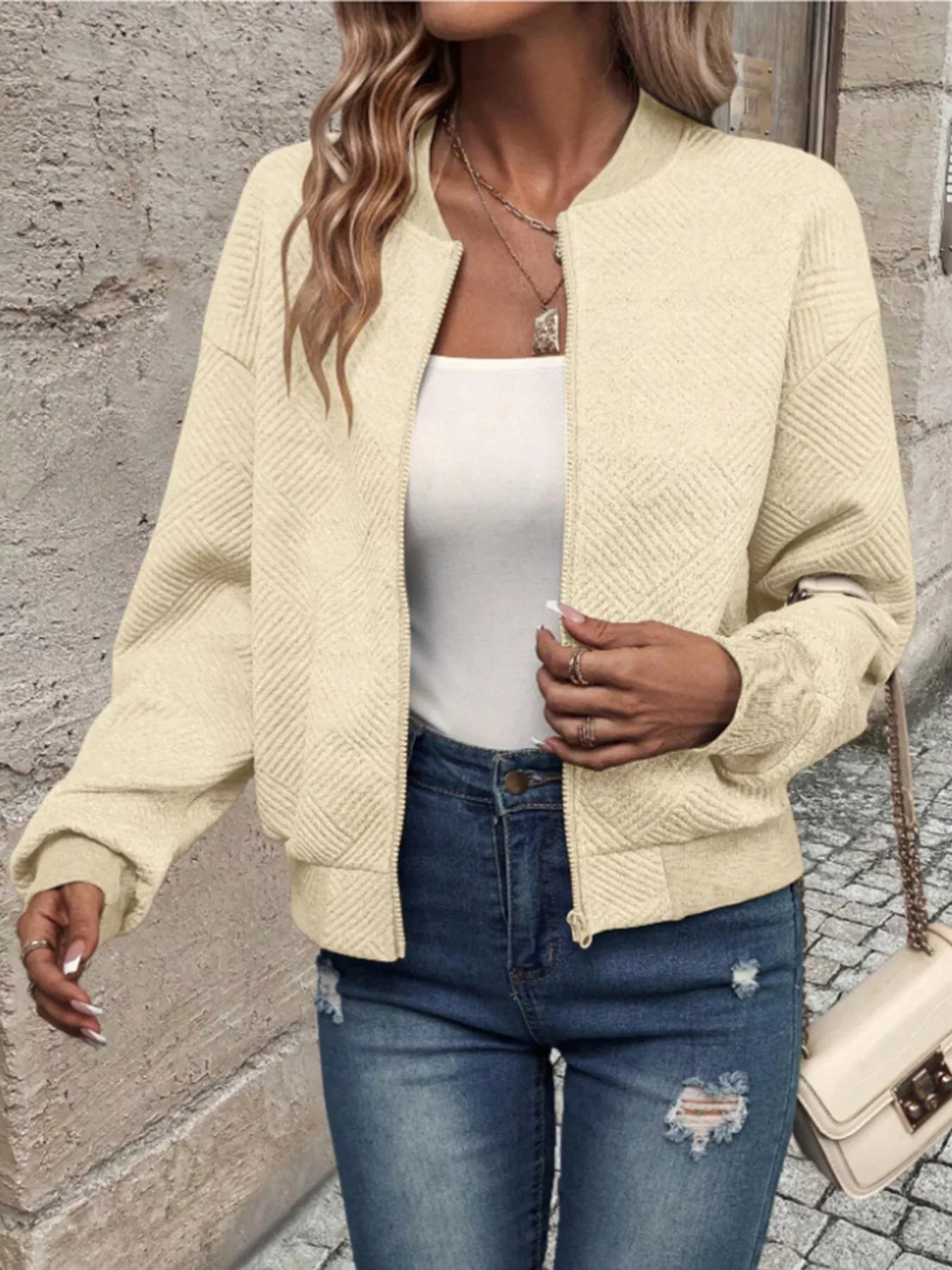 Textured Knit Zip-Up Bomber Jacket - Image 3