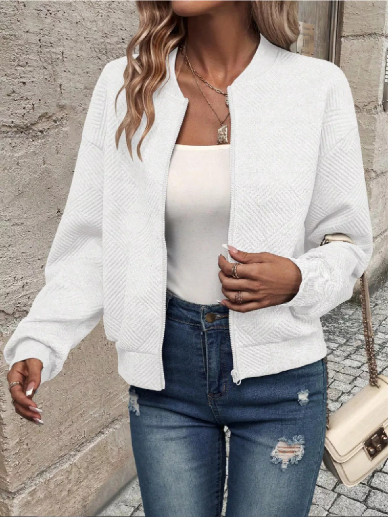 Textured Knit Zip-Up Bomber Jacket - Image 30