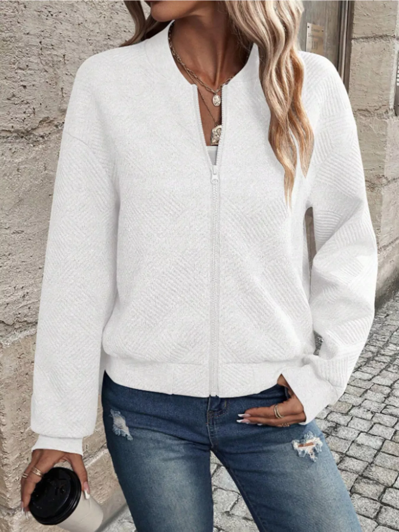 Textured Knit Zip-Up Bomber Jacket - Image 31