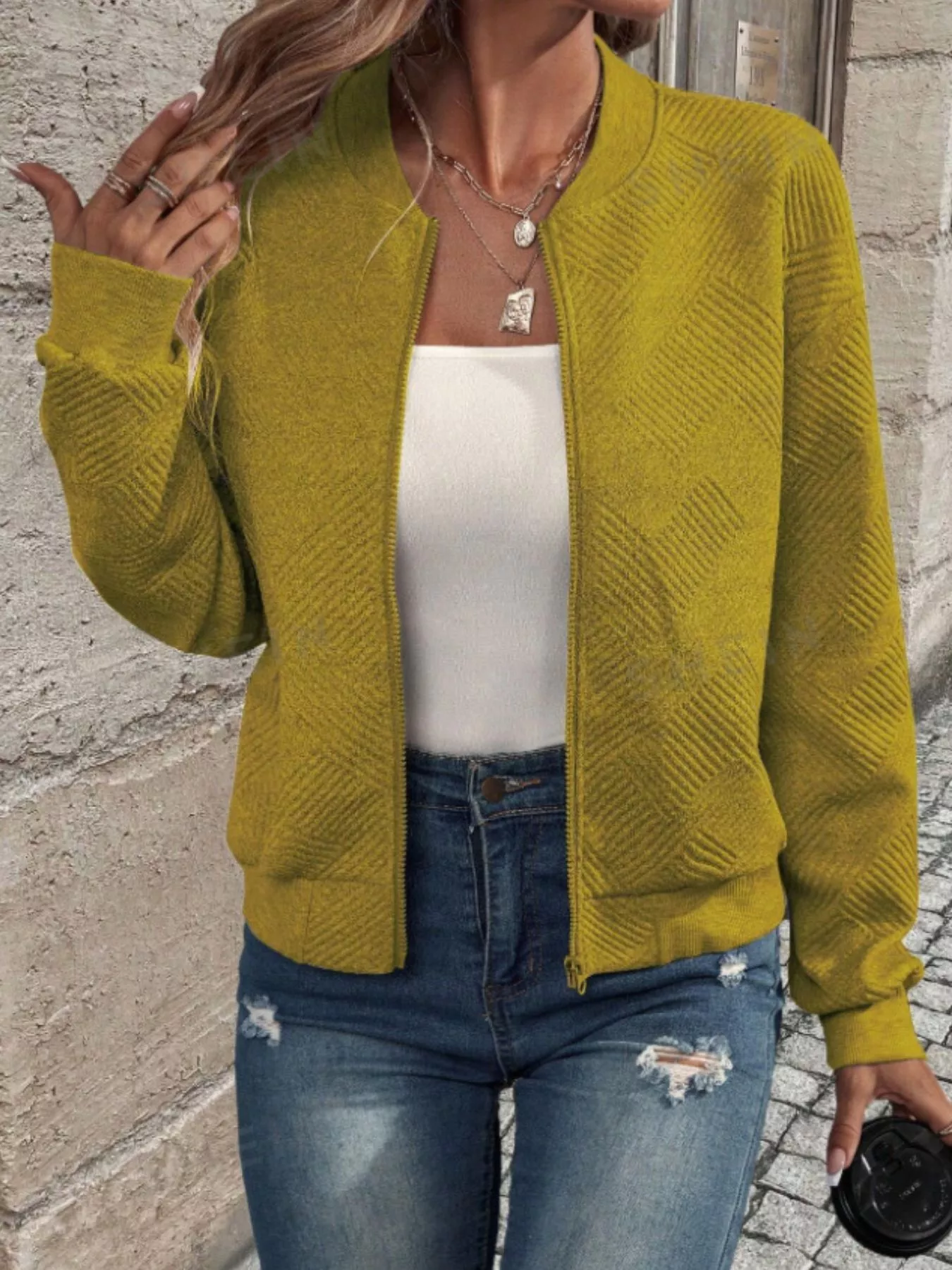Textured Knit Zip-Up Bomber Jacket - Image 32