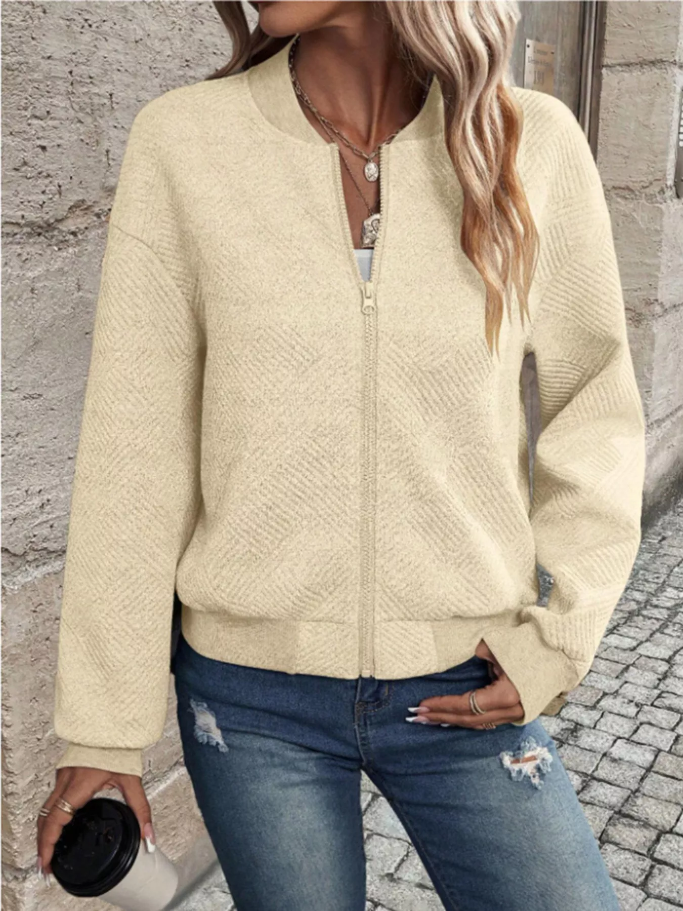 Textured Knit Zip-Up Bomber Jacket - Image 5
