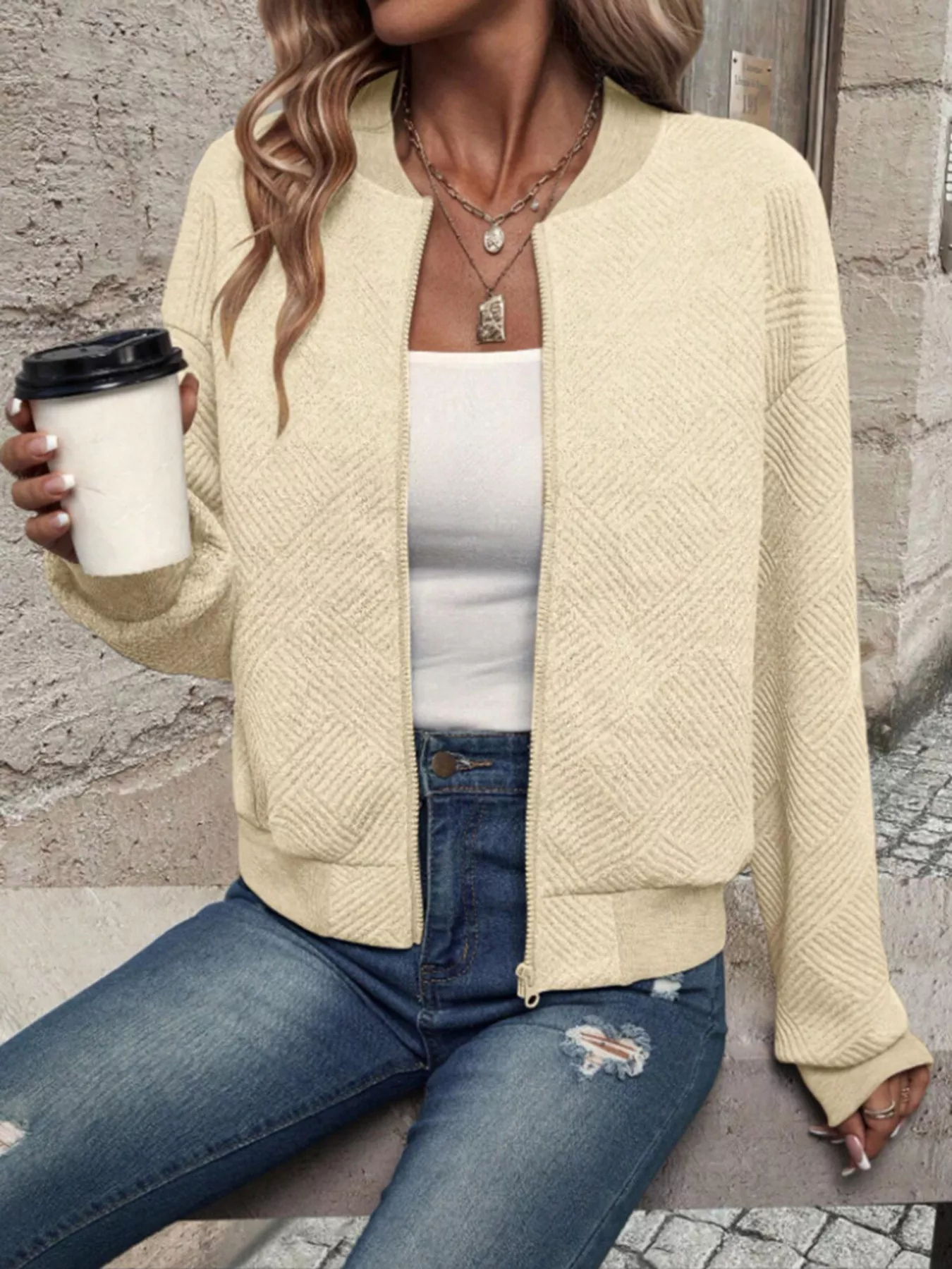 Textured Knit Zip-Up Bomber Jacket - Image 6