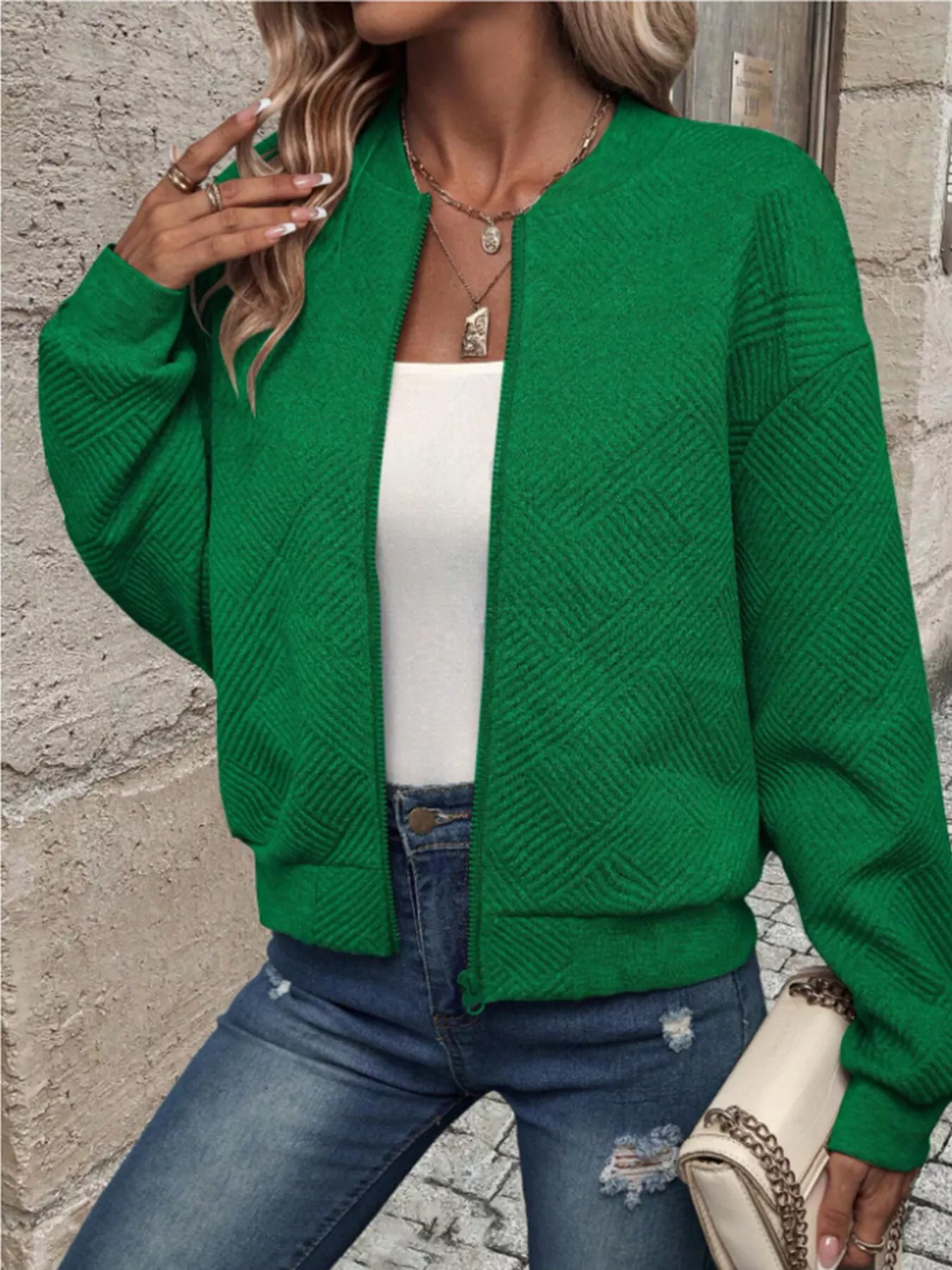 Textured Knit Zip-Up Bomber Jacket - Image 8