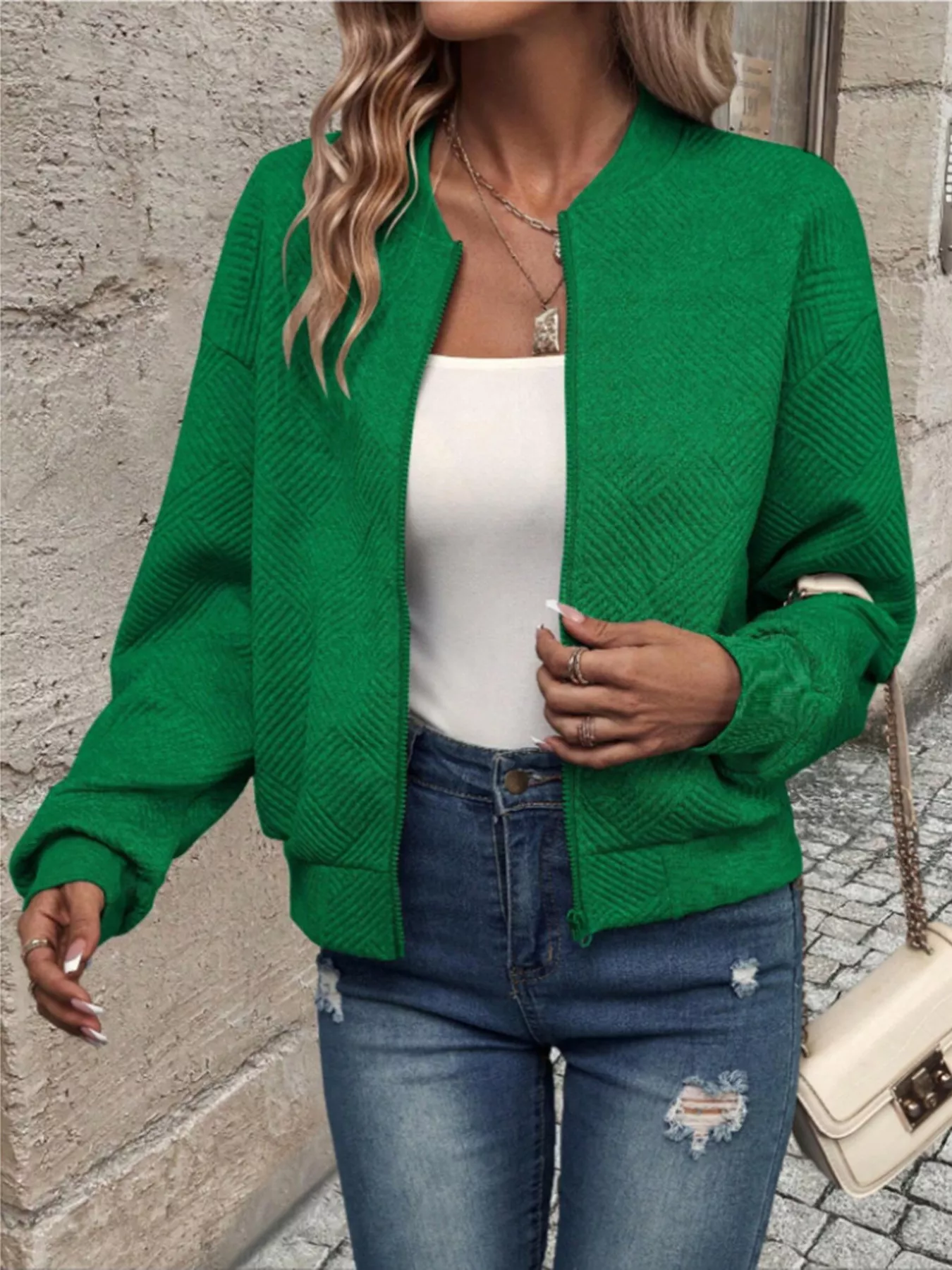 Textured Knit Zip-Up Bomber Jacket - Image 9