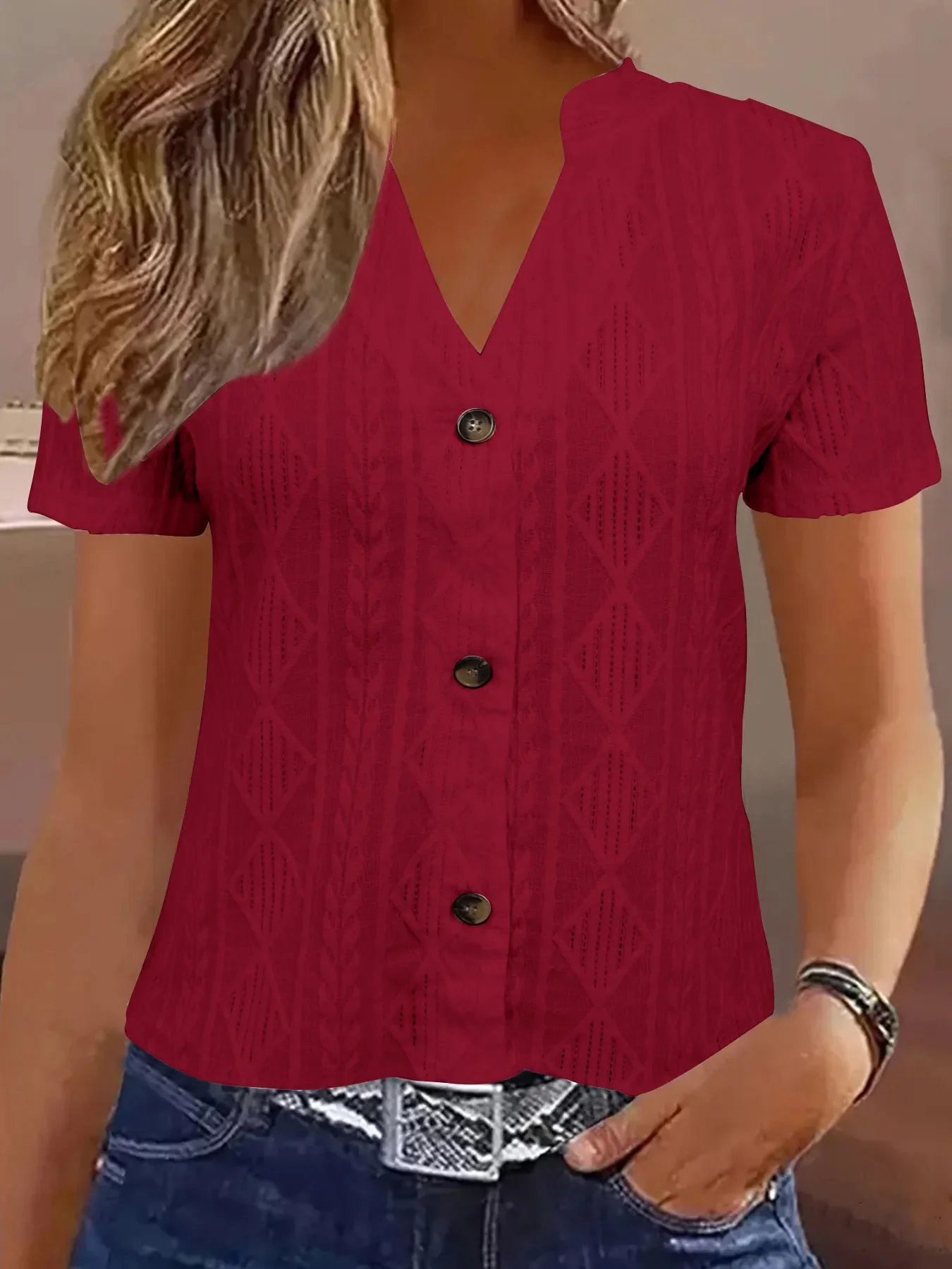 Textured Notched Short Sleeve Blouse - Image 7