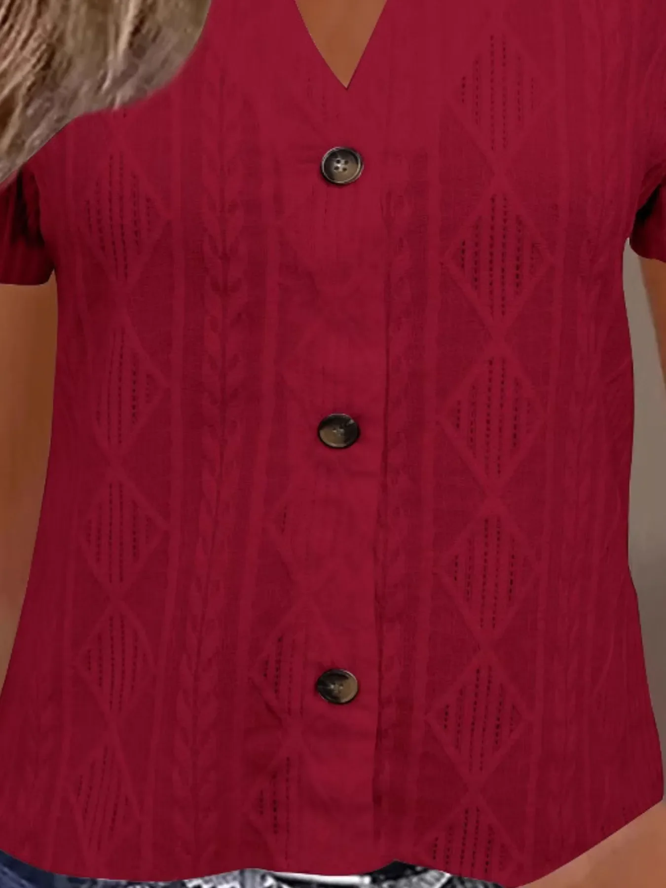 Textured Notched Short Sleeve Blouse - Image 8
